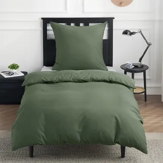 BEDSURE Bettwäsche 135x200 Baumwolle Grauolivgrün - Bettwäsche-Sets 135 x 200 cm Bettbezug 2teilig mit Kissenbezug 80x80 cm, Oeko-TEX Bedding Grün mit Reißverschluss