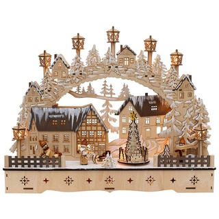 Dekohelden24 LED Holz Schwibbogen mit bewegtem Weihnachtsbaum, Motiv: Weihnachtsmann und Schneekinder, L/B/H ca. 45 x 12 x 35 cm, für Batterie-oder Adapterbetrieb, 35 cm