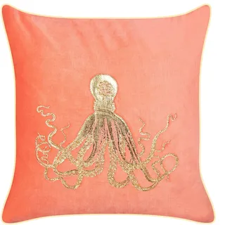 BELIANI Dekokissen Korallenrot und Gold Samt Quadratisch 45x45cm mit Füllung Reißverschluss Bedruckt Bestickt Tiermotiv Oktopus Tintenfisch Meeresmotiv - Rot