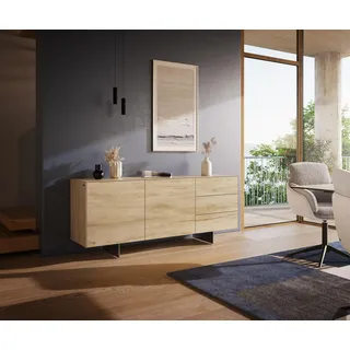 DELIFE Sideboard Cuor 180 cm Keramik Laminam® Sabbia Eichefarbig 2 Türen 3 Schubfächer Fuß Schwebeoptik Edelstahl - Braun