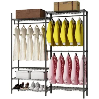 Xiofio Robuster Kleiderständer, Metall-Kleiderständer mit 3 Kleiderstangen und 6 verstellbaren Regalen, freistehend, offener Kleiderschrank-Organizer zum Aufhängen von Kleidung, 137 cm L x 41 cm B x