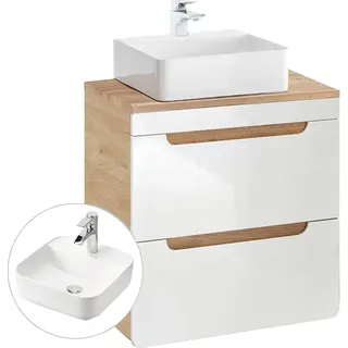Waschtischunterschrank 60 cm mit 40 cm Keramikbecken LUTON-56 Hochglanz weiß mit Wotan Eiche Nb. B/H/T ca. 61/75,5/46 cm - Weiß