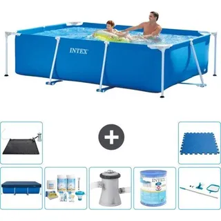 Rechteckiges Schwimmbecken-Frame - 260 x 160 x 65 cm - Blau - Inklusive Abdeckung - Wartungspaket - Schwimmbeckenpumpe - Filter - Reinigungssatz - Solar Matte - Bodenfliesen