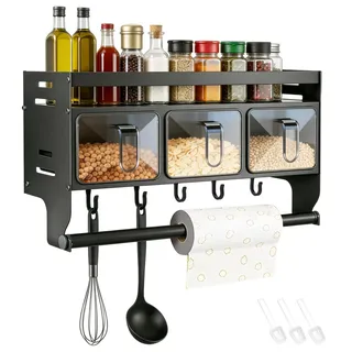 OJTOJT Küchenregal Wand Ohne Bohren, Gewürzregal Hängend, Gewürzregal Mit Küchenrollenhalter Gewürzständer Wand Aus Metall Gewürz Organizer Regal Für Küchen Arbeitsplatte Schrank (mit 3 Gewürzbox)