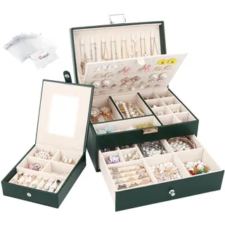 Schmuckkästchen mit 2 Ebenen mit Schubladen, Groß PU Leder Schmuckbox mit tragbarem Reise Schmuckkasten, Schmuckschatulle Damen Mädchen für Ringe, Ohrringe, Armbänder, Halsketten, Dunkelgrün