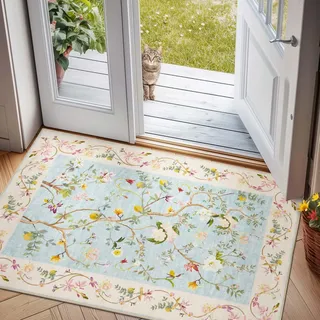TOPICK Blume Fußmatte Waschbar Fussmatte Innen Außen Kurzflor Retro Blau auf Rosa Orientalischer Teppich 60x90cm Antibakterieller Faltbar rutschfest Türmatte für Haustür Küche Patio Flur Schlafzimmer