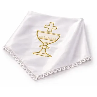 KERZENTUCH zur Kommunion, Taufe oder Hochzeit – Bestickt mit KELCH & Kreuz – 22x22 cm – aus Satin – für Kommunionkerzen, Taufkerzen oder Hochzeitskerzen – MaMeMi
