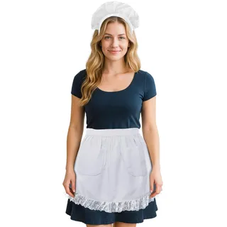 aspire Weiß Halbschürze mit Spitze Damen Schürze Vintage Kellnerschürze Taillenschürze und Stirnband Set