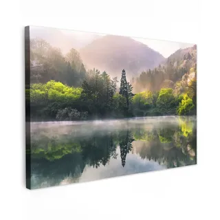 MuchoWow Leinwandbild Natur - Bäume - Berge - See - Wasser XXL 150x100 cm , Hellgrün , Textil , Kiefer , Rechteckig , 150x100 cm , FSC 100% , gerahmt , Bilder & Rahmen, Bilder, Leinwandbilder