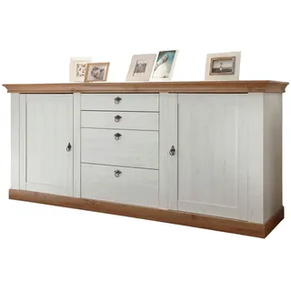 furn.design Sideboard "Hemsby" in weiß Pinie und Eiche Wotan Landhaus Kommode 210 x 91 cm, - Weiß, Naturbelassen
