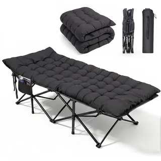 Sekey Feldbett Klappbar XXXL 202 x 80 x 45 cm, extra großes Campingbett mit Abnehmbarer Komfortmatratze, verstärktem Stahlrahmen, Oxford-Gewebe, überbreites Gästebett für Camping, Garten, Schwarz