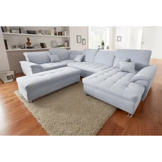 DOMO collection Wohnlandschaft »Franzi optional mit Bettfunktion, Bettkasten & Kopfteilverstellung« U-Form, Recamiere rechts, pastelblau, B/T: 344/206 cm, blau