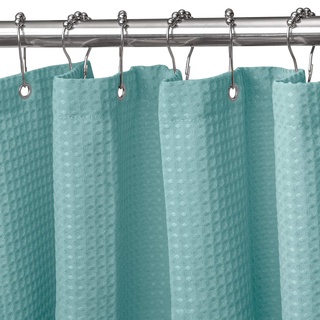 Waffel Duschvorhang mit Metall Duschvorhangringe Stoff Textil Badewannenvorhang Anti Schimmel Bad Vorhang Set Wasserdicht Badewanne Vorhang Schwerer Shower Curtain Badezimmer - 92 x 182cm (Türkis)