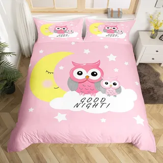 Mädchen Bettwäsche 135x200cm Rose Eule Bettwäsche Set für Kinder Teenager Tiere Thema Mikrofaser Betten Set Mond Sterne Wolke Drucken Bettbezug Set Süß Schön 2St