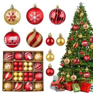 44 Stück Weihnachtskugeln Rot Gold Set, 3cm & 6cm Christbaumkugeln Kunststoff, Christmas Baubles, Bruchsichere Kunststoff Deko Kugeln für Weihnachtsbaum & Festliche Deko