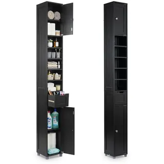 VOUNOT Badezimmerschrank Hoch mit 2 Türen und 1 Schublade, Badschrank Schmal, Badezimmer Hochschrank, 20x20x180cm, Schwarz
