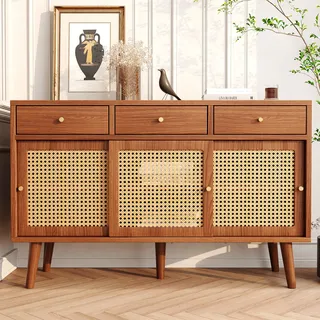 Merax Kommode Rattangeflecht Sideboard mit verstellbaren Einlegböden, Anrichte mit 3 Schubladen und 3 Schwebetüren, Rattan Wohnzimmerschränke Anrichte Massivholz 120*40*78cm - Braun