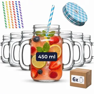 gouveo 12er Set Trinkglas 450 ml (0,45 l) mit Henkel und Schraubdeckel silberfarben + blau – Henkelglas mit Mehrweg-Trinkhalm aus Hartkunststoff für Garten, Bowle, Cocktails (TGH450SB)