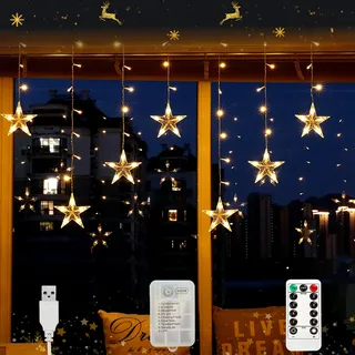 Aluusy LED Lichterkette Sterne Lichtervorhang Weihnachten Fenster 3m 120 LEDs Weihnachtsbeleuchtung mit Timer & Batterie/USB IP44 Wasserdicht Außen Innen für Balkon Garten Party Weihnachten Deko