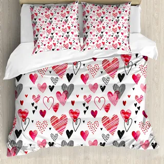 ABAKUHAUS Valentines Bettbezug, Doodle Herz Design, Milbensicher Allergiker geeignet mit Kissenbezügen, 200 cm x 200 cm - 80 x 80 cm, Schwarz Rot Rosa - Rosa
