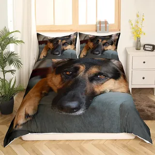 Loussiesd Deutscher Schäferhund Bettbezug Set 3D Hund Bettwäsche Set 135x200cm Haustier Hund Muster Betten Set für Kinderzimmer Tier Thema Schwarz Braun Bettwäsche Dekor mit 1 Kissenbezug