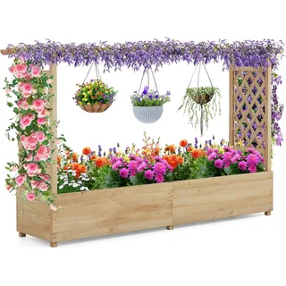 FANTASK Hochbeet mit Rankgitter & hängendem Dach, Pflanzkasten mit Rankhilfe, Blumenkasten für Kletterpflanzen & hängende Körbe, Natur