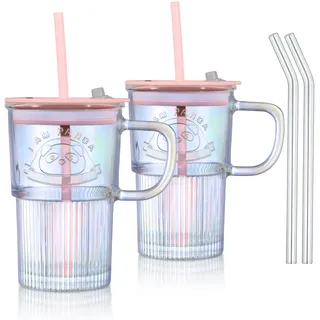 Joeyan 430 ml Regenbogen Trinkbecher mit Strohhalm und Deckel,Ripple Glas Bubble Tea Becher Trinkgläser mit Niedlicher Panda-Mustern,Saft Eiskaffee Smoothie Wasser Tee Tumbler Cup mit Henkel,2er Set