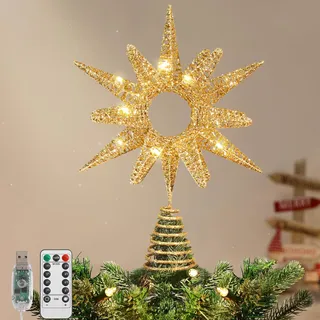 Lewondr Weihnachtsbaumspitze, 14,17'' Metall Christbaumspitze Stern mit 30 LEDs, USB & Fernbedienung Glitzernd Sonnenblume Baumspitze, 6 Std. Timer, 8 Beleuchtungsmodi Weihnachtsdeko für Innen, Gold