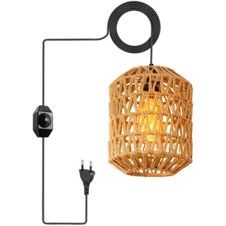 Vintage Hängelampe mit Stecker, E27 Retro Pendelleuchte mit 4,5M Kabel und Hanfseil Lampenschirm, Fassung Lampenkabel mit Schalter für Schlafzimmer Foyer Balkon, Ohne Birne