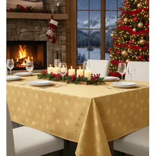 KAMACA Lotus Effekt Tischdecke Magic Stars mit Sternen Motiv - Fleckschutz Flüssigkeiten perlen einfach ab farb- & formstabil stilvoller Glanz für Advent & Weihnachten (Tischdecke 130x160 cm, Gold)