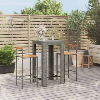 The Living Store 3-tlg. Gartenbar-Set Grau Poly Rattan & Massivholz Akazie - Grau