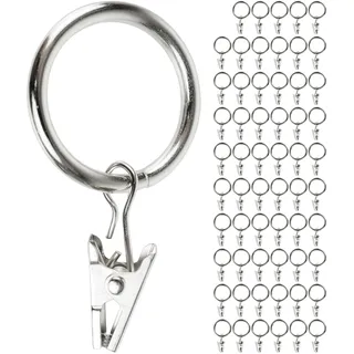 Gardinenklemmen mit Ringen, 60 Pack, in Silber-Farben, Ø 25 mm innen, Gardinenringe für bis Ø 24 mm Dicke Gardinenstangen, Vorhang Ringe Klammer Haken, Gardinen Klemmen Aufziehringe, Curtain Rings