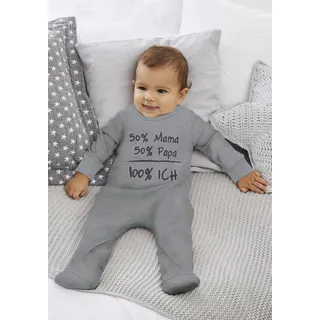 Schlafoverall KIDSWORLD "50% Mama, 50% Papa", Jungen, Gr. 62/68, N-Gr, grau, Interlock, Obermaterial: 100% Baumwolle, bedruckt, Basic, bequem, Rundhals, angesetztes Bündchen, Overalls Schlafoverall, aus Bio-Baumwolle, Topseller