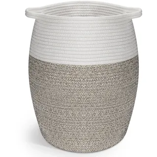 Rieeyrslza Baumwollseilkorb mit Griffen 40L Aufbewahrungskorb, Wäschekorb geflochten Großer Korb aus Baumwollseil, 30x45CM, zusammenklappbar für Spielzeug, Wäsche- und Decken-Organizer (Weiß+Braun)
