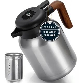 VETIN Thermoskanne mit Teesieb 1,5l, Isolierkanne aus Doppelwandige 304 Edelstahl, Teekanne Thermo mit Temperaturanzeige, Kaffeekanne Thermo 10h Hitze/16h Kält
