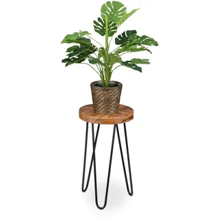 Relaxdays Blumenhocker, Akazienholz, rund, für Blumentöpfe, Pflanzkübel, Retro Blumenständer HD: 42x25 cm, braun/schwarz