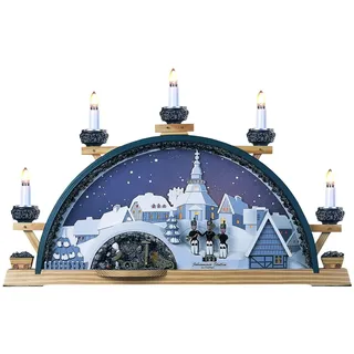 Schwibbogen mit Stadtmotiv & Johanniskirche, 7 LED-Kerzen, 53x34x17,5 cm, Bergle