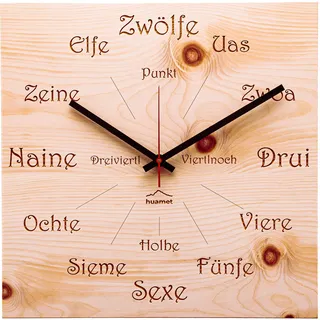 huamet Holz Wanduhr UHRFORM aus Zirbe, eckig - einzigartiges Design mit urigem Südtiroler Dialekt, geräuschlos ohne Ticken - Qualitätsprodukt Made in Südtirol - CH41-A-1605