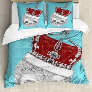 ABAKUHAUS Faultier Bettbezug, Sloth mit Kaiserkrone, Milbensicher Allergiker geeignet mit Kissenbezügen, 200 cm x 200 cm - 80 x 80 cm, Aqua Burgundy Grau