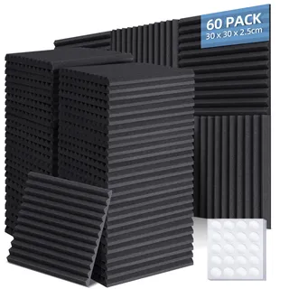 Ohuhu Schallschutzplatten 60 Stück mit Aufkleber, 30 x 30 x 2,5 cm Akustikschaumstoff Schallschutz Schalldämmung Akustikpaneele für Tonstudio Podcasts Gaming Deko