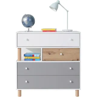Kommode FIGO Sideboard mit 4 Schubladen & offene Regal, Bunt - Weiß/Eiche Artisan/Grau - Bunt, Weiß, Grau, Braun