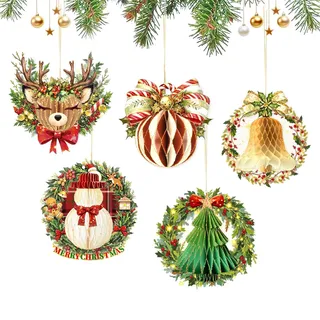 AOBKIAT Weihnachten Dekoration Weihnachtsschmuck,5 Stück Glitter Rand Papier Wabe Hängende Dekoration,Mini Weihnachtsbaum Deko,Christbaumschmuck,Heim Hängend Deko,Christmas Decorations