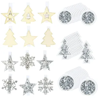 COM-FOUR® 48-teiliges Set 3D Aufkleber aus Holz und weihnachtliche Deko Klammern für Adventskalender und Geschenke - Geschenkaufkleber [Auswahl variiert] (48 Stück - Aufkleber Clips - silberfarben)