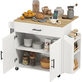 Homcom Kücheninsel Küchenwagen auf Rollen mit abklappbarer Arbeitsplatte, Küchenschrank mit Schublade Gewürzregal Ablage Handtuchhalter, Servie... - Weiß