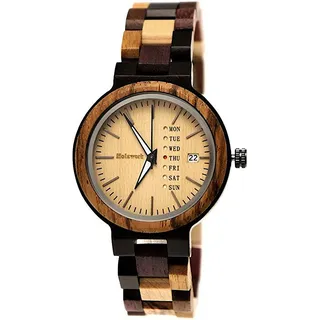 Holzwerk TREBBIN kleine Damen Holz Uhr mit Datumsanzeige in beige & braun