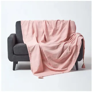 Homescapes Wohndecke Rajput rosa – leichte Baumwolldecke 150x200 cm, 100% Baumwolle, Sofaüberwurf handgewebt mit Streifenstruktur, Couch-Überwurf mit Quasten, Oeko-Tex®