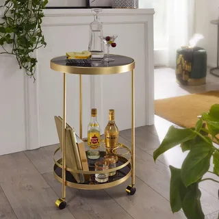 FineBuy Design Servierwagen Gold Rund Ø 45cm 2 Ebenen Beistelltisch auf Rollen mit Glasplatte Schwarz Speisewagen Küchenwagen Teewagen - Gold