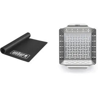 Weber 18280 Grillmatte 180x100 cm, Schwarz & 6481 Deluxe Gemüsekorb 19x24 cm, Grillkorb, für Fisch, Fleisch und Gemüse, aus Edelstahl