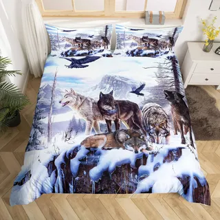 Loussiesd Schneefeld Wolf Bettwäsche Set 135x200 cm 3D Wölfe Drucken Bettbezug Set für Kinder Jungen Weiß Blau Tierwelt Tiere Betten Set Super weich Mikrofaser mit 1 Kissenbezug Reißverschluss