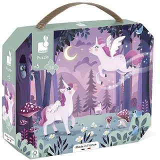 Janod - Puzzle 54 Teile - Thema Einhorn - Lernspiel Feinmotorik und Konzentration - Valisette Griff FSC-Zertifiziert - Pflanzliche Druckfarben - Ab 5 Jahren, J02555, Purple